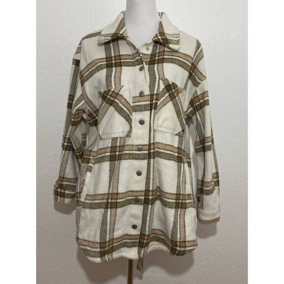 Eloquii Elements Size 14/16 Cream Tan Plaid Wool Blend Shacket with Belt Pocket - Picture 2 of 13